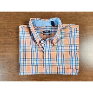 Izod Non-Iron Stretch Mens Button Down Orange & Blue Plaid Shirt Size XLT
